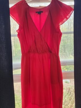 Armani Exchange Red Flutter-Sleeve Wrap Style Knee Length Dress